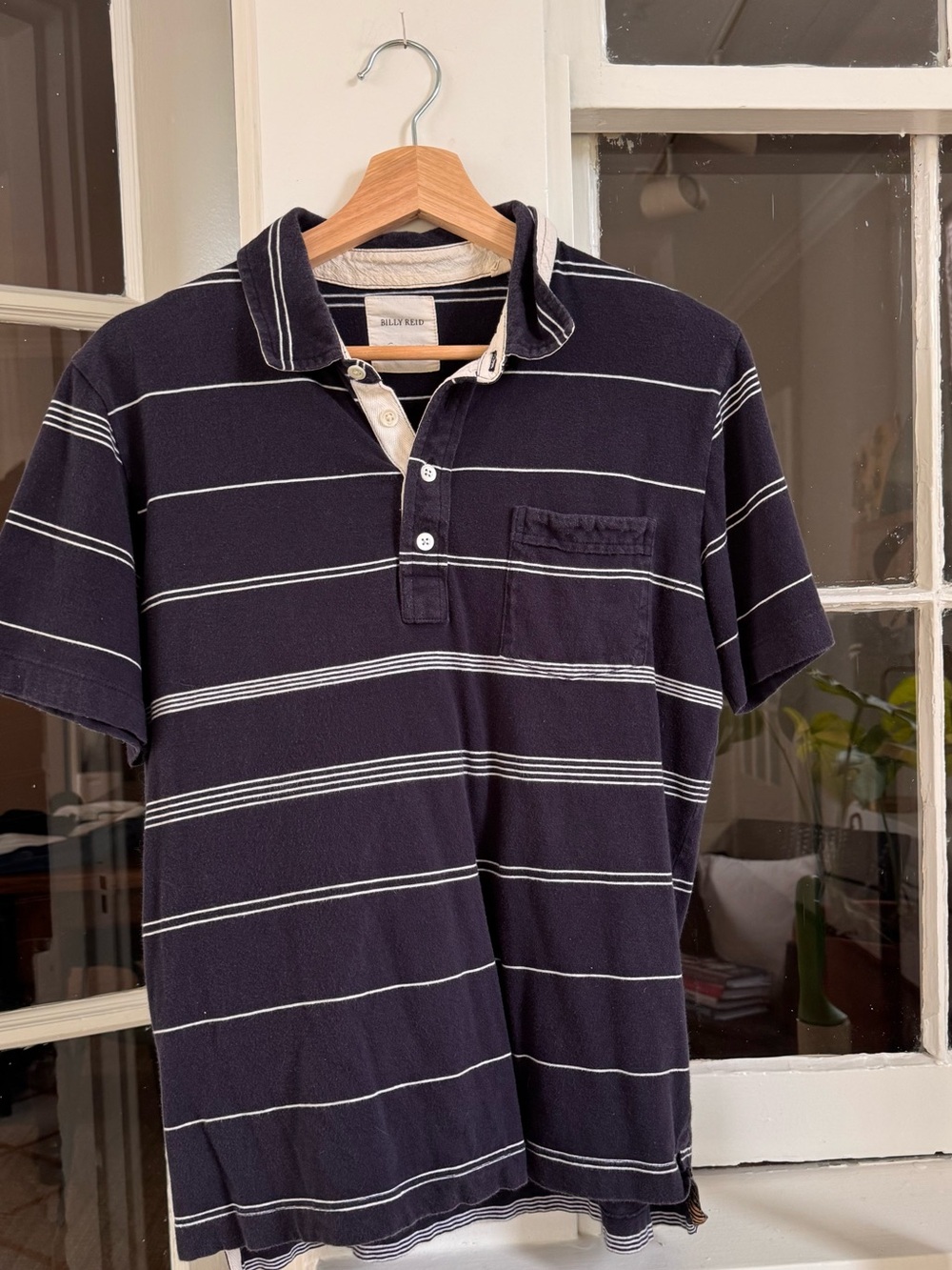 Billy Reid Pensacola Polo M Navy White Stripe Short Sleeve Pocket Cotton